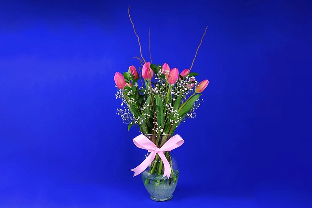 Jarrón con 10 Tulipanes, Curly y Gypsophilia