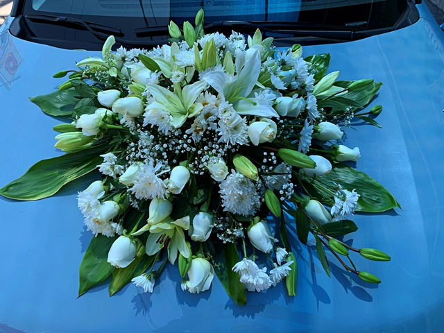 Arreglo para Auto, Rosas y Margarita Blancas